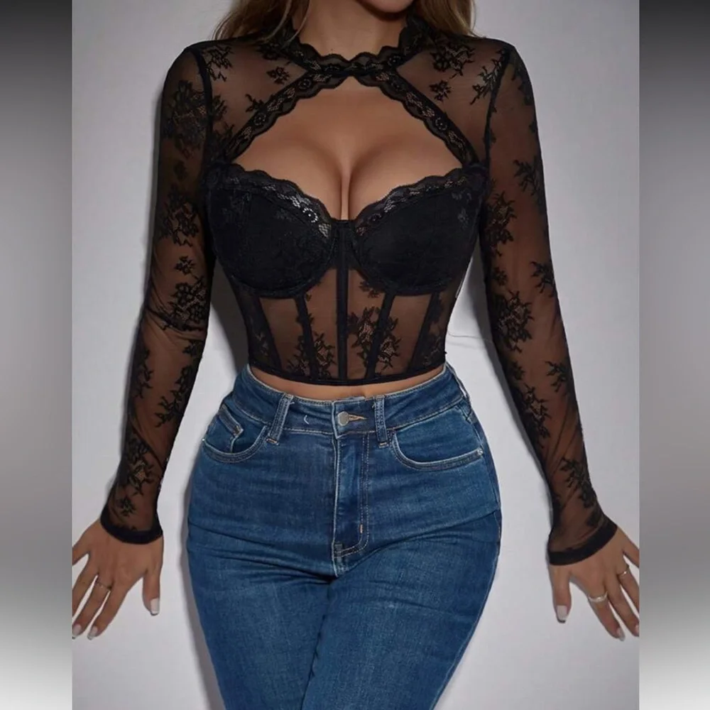 Elegant Black Lace Long Sleeve Top